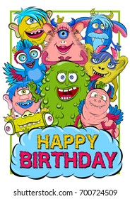 Birthday greeting card with funny monsters.