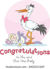 Birthday greeting card with a funny stork and a cute newborn baby after their flight to happy parents, vector cartoon illustration