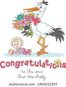 Birthday greeting card with a funny stork holding a festive bouquet of colorful flowers and a cute newborn baby playing a small ball, vector cartoon illustration isolated on a white background