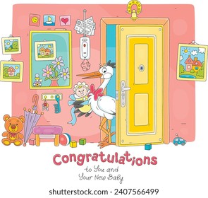 Birthday greeting card with a funny white stork holding a cute newborn baby and entering an open apartment door, vector cartoon illustration