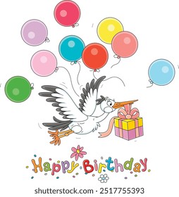 Birthday greeting card with a funny white stork flying with a holiday gift box and colorful balloons, vector cartoon illustration isolated on a white background