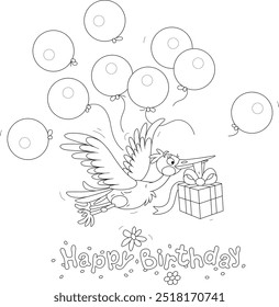 Birthday greeting card with a funny white stork flying with a holiday gift box and balloons, black and white outline vector cartoon illustration for a coloring book