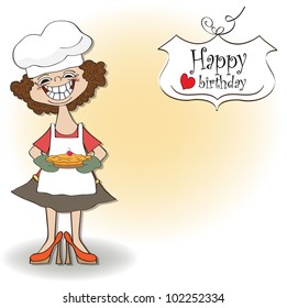 birthday greeting card with funny woman and pie