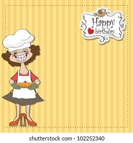 birthday greeting card with funny woman and pie