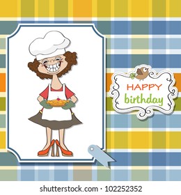 birthday greeting card with funny woman and pie