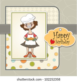 birthday greeting card with funny woman and pie