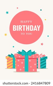 Birthday greeting card with gift boxes and text with tinsel in retro style. Flat  style. Vector illustration.