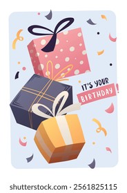 Birthday greeting card with gift boxes. Handwritten lettering. Vector illustration for card, postcard, poster.