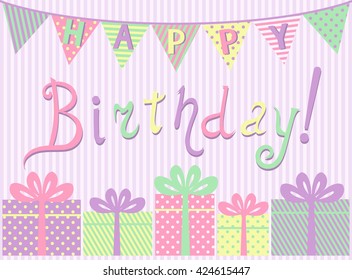 Birthday greeting card with gift boxes. Colorful vector illustration.
