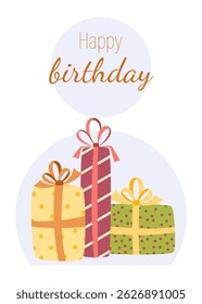 Birthday greeting card with gifts. Vector illustration on white background for postcard, poster, poster.