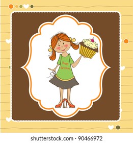 birthday greeting card with girl and big cupcake