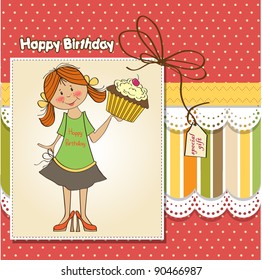 birthday greeting card with girl and big cupcake