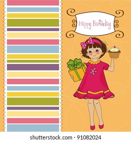 birthday greeting card with girl and big cupcake