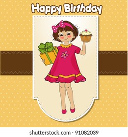 birthday greeting card with girl and big cupcake