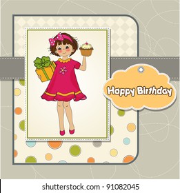 birthday greeting card with girl and big cupcake