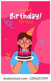 Birthday greeting card with girl blow out candles on the cake. Confetti on background. Birthday party, celebration, congratulations, invitation concept.