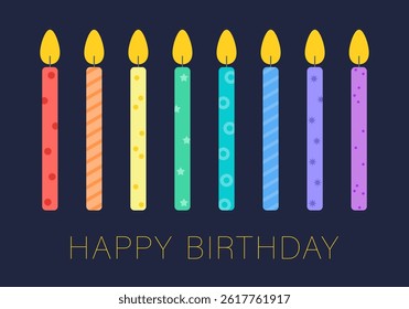 Birthday greeting card.  Glowing festive candles. Gift shop poster. Anniversary celebration. Cute greeting card with festive vintage candles and Happy Birthday