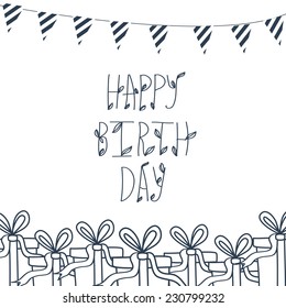 Birthday greeting card. Hand draw background with xmas design and Merry Christmas lettering