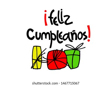 Birthday greeting card, with hand lettering and hand drawn gifts. Text in Spanish says Happy Birthday