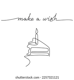 Birthday greeting card. Handwritten text Make a Wish. Hand drawn line continuous cake with candles. Vector lettering,  phrase, quote, slogan. Design for print, banner, wall art, poster, postcard.