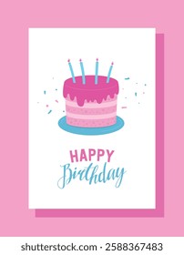 A birthday greeting card with a "Happy Birthday" on a white background. A pink birthday cake with four blue candles on top and small confetti pieces .