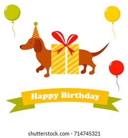 Birthday greeting card with holiday dachshund and ribbon with text.