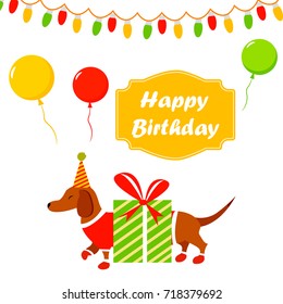 Birthday greeting card with holiday dachshund and ribbon with text