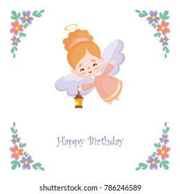 Birthday greeting card with the image of a pretty little angel. Vector illustration on a white background.
