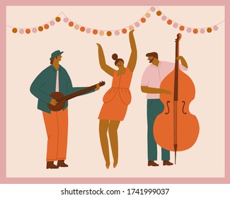 Birthday greeting card with indie rock band with banjo, contrabass and a women singer. Music summer party or concert illustration in vector.