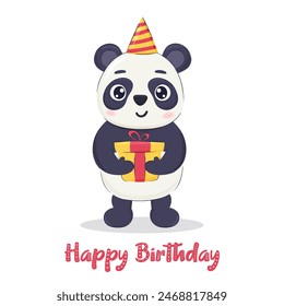 Birthday greeting card, invitation template with cute panda bear character holding present.  Vector element for kids print