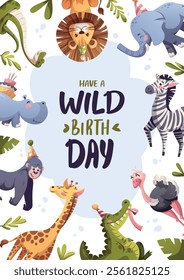 Birthday greeting card with jungle animals. Crocodile, lion, gorilla, elephant, giraffe, zebra, hippopotamus, ostrich, snake. Handwritten lettering. Vector illustration for card, postcard, poster.