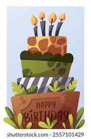 Birthday greeting card with jungle style Birthday cake. Handwritten lettering. Vector illustration for card, postcard, poster.