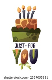 Birthday greeting card with jungle style Birthday cake. Handwritten lettering. Vector illustration for card, postcard, poster.