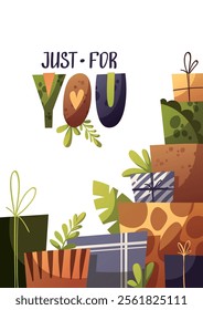 Birthday greeting card with jungle style gift boxes. Handwritten lettering. Vector illustration for card, postcard, poster.