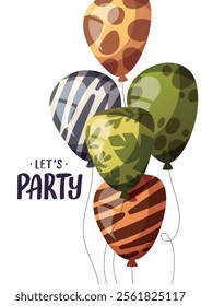 Birthday greeting card with jungle style balloons. Handwritten lettering. Vector illustration for card, postcard, poster.