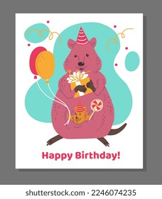 Birthday greeting card for kids with cute quokka - cartoon flat vector illustration. Funny animal with balloons and gift box. Poster for kids party celebration or invitation.