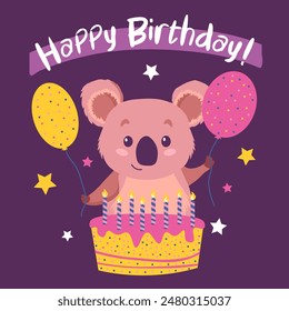 Tarjeta de felicitación de cumpleaños con koala sosteniendo globos y pastel con velas, texto Feliz cumpleaños en la parte superior. Ilustración plana de Vector. Imprimir para la fiesta de cumpleaños y tarjetas de felicitación.