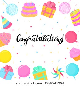 Birthday greeting card. Lettering congratulation. Cake, candy, balloon, cupcake. Frame.