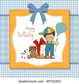 birthday greeting card with little boy and presents