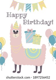 Birthday greeting card. Llama or Alpaca birthday party. Happy Birthday background. Vector birthday elements. Holiday Wallpaper.