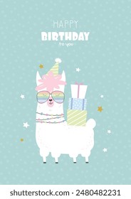 Birthday greeting card with a llama. Funny alpaca wearing a birthday cap and presents. Template for children's room decoration, poster, baby shower.