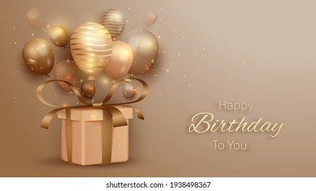 Birthday greeting card with luxury balloons with ribbon around and gift box. 3d realistic style. vector illustration for design.