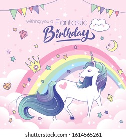 Birthday Greeting Card With A Magical Unicorn, Rainbow And Clouds Background.	