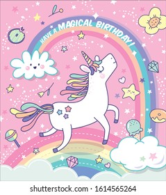 Birthday Greeting Card With A Magical Unicorn, Rainbow And Clouds Background.