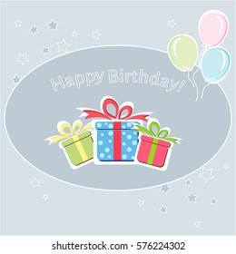 Birthday greeting card with multicolor presents and balloons, vector illustration. Birthday party background in flat design style