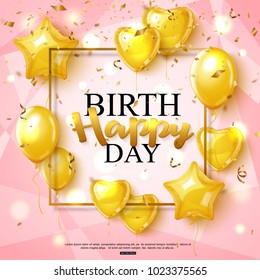 Birthday greeting card on shiny pink background with golden balloon, vector illustration
