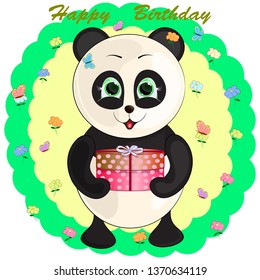 birthday greeting card with panda. cartoon vector illustration.