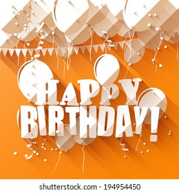 Birthday greeting card with paper balloons on orange background/flat design style