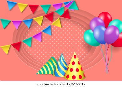 Birthday greeting card with party hats, bunting flags and balloons. Vector EPS10