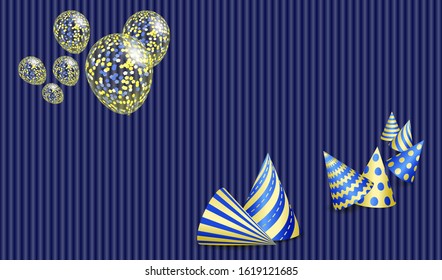 Birthday greeting card with party hats and transparent balloons. Vector EPS10